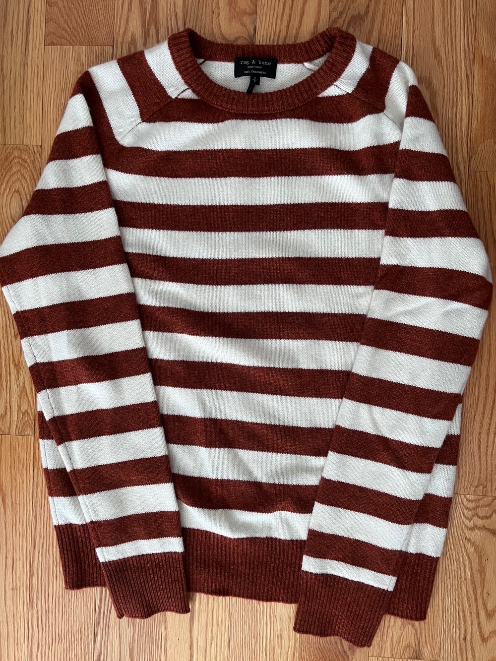Rag & Bone Rust Orange White Striped Crewneck 100% Cashmere Sweater